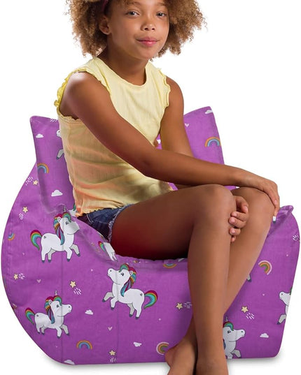 Posh Creations Structured Comfy Bean Bag Chair for Gaming, Reading, and Watching TV, Newport Chair, Canvas - Unicorn and Rainbows on Purple - LeafyLoom