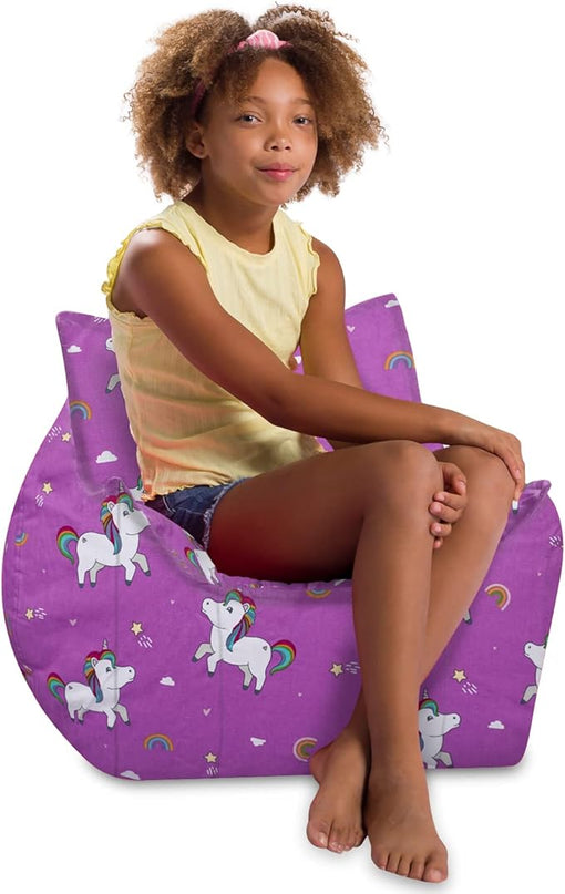 Posh Creations Structured Comfy Bean Bag Chair for Gaming, Reading, and Watching TV, Newport Chair, Canvas - Unicorn and Rainbows on Purple - LeafyLoom