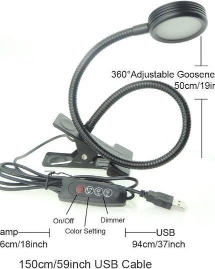 Dimmable Clip on Clamp LED Gooseneck Desk Light Lamp, Clip-on 3 Color Changeable Reading Lights, C-Clamp Nightlight, USB Port (Black (3 Color Temperature)) - LeafyLoom