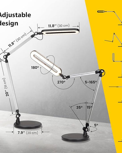 Led Desk Lamp | Architect Desk Lamps for Home Office | Desk Light Swing Arm with Wireless Charger, Adjustable Color temp & Brightness | Tall Table Lamp for Work, Reading, Study, Computer Monitor - LeafyLoom