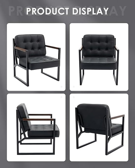 COLAMY Mid Century Modern Accent Chair Set of 2, Comfy Living Room Chair, Black Leather Accent Chair, Faux Leather Reception Armchair with Metal Legs for Living Room Bedroom Reception Office, Black - LeafyLoom