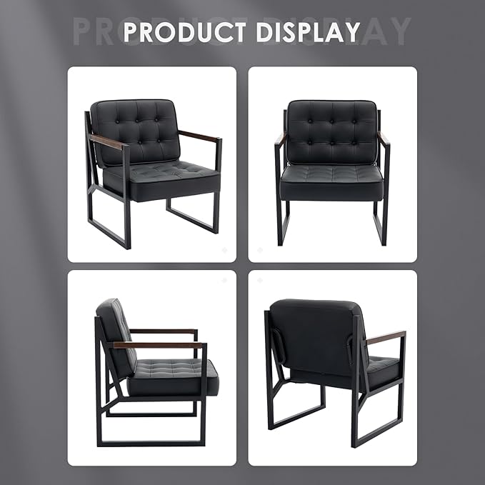 COLAMY Mid Century Modern Accent Chair Set of 2, Comfy Living Room Chair, Black Leather Accent Chair, Faux Leather Reception Armchair with Metal Legs for Living Room Bedroom Reception Office, Black - LeafyLoom