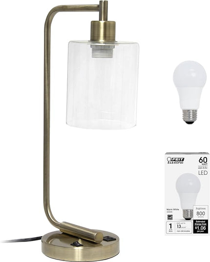 Simple Designs LD1066-ABS-LB Industrial Vintage Bronson Iron Lantern Desk Table Lamp with USB Port and Glass Cylinder Shade for Office, Living Room, Bedroom, Antique Brass, With Feit LED Bulb Included - LeafyLoom