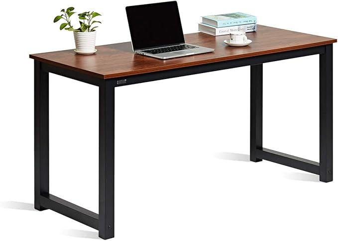 Computer Desk 55 ” Modern Simple Large Study Writing Desk Industrial Style Laptop PC Table for Home Office, with Leg Bars, Sandalwood Board Black Leg - LeafyLoom