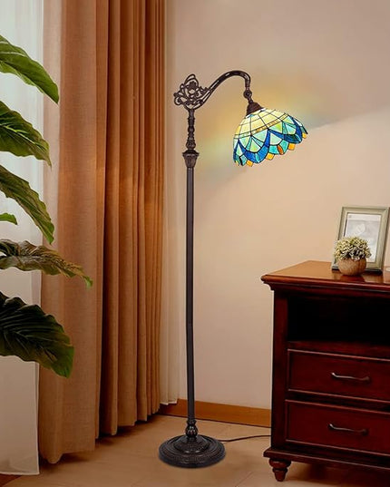 Tiffany Floor Lamp for Living Room,Stained Glass Gooseneck Reading Floor Light,Antique Style Tall Standing Lamp for Bedroom and Office Adjustable Light Direction - LeafyLoom