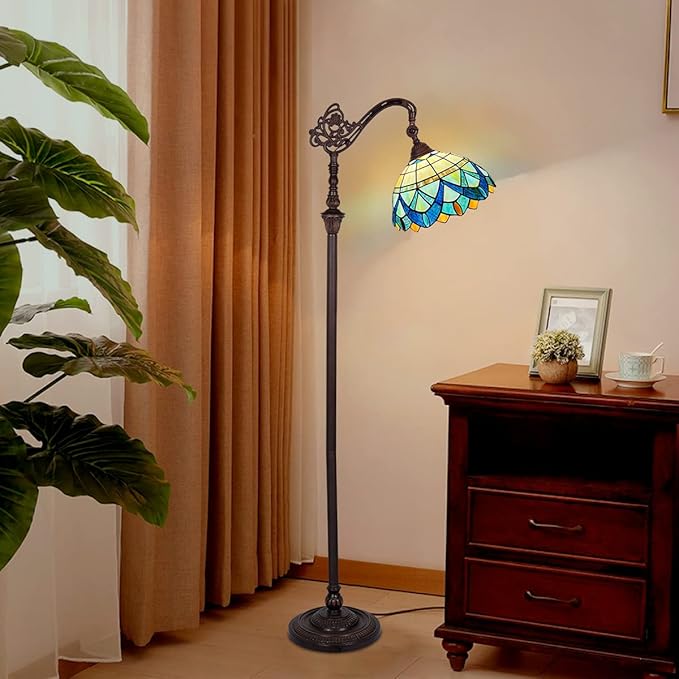 Tiffany Floor Lamp for Living Room,Stained Glass Gooseneck Reading Floor Light,Antique Style Tall Standing Lamp for Bedroom and Office Adjustable Light Direction - LeafyLoom