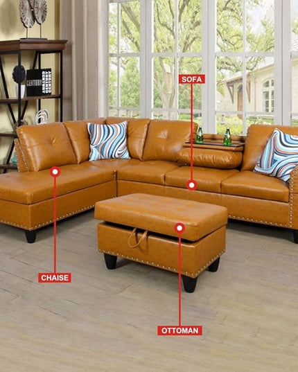 ROOMTEC L Shaped Sectional Sofa with Storage Ottoman, Left Facing Chaise Longue, Reversible Backrest w/ 2 Cup Holders, Semi PU Synthetic Leather Tufted Cushions, for Living Room, Ginger - LeafyLoom