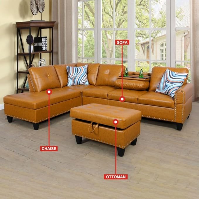 ROOMTEC L Shaped Sectional Sofa with Storage Ottoman, Left Facing Chaise Longue, Reversible Backrest w/ 2 Cup Holders, Semi PU Synthetic Leather Tufted Cushions, for Living Room, Ginger - LeafyLoom