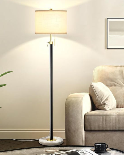 Floor Lamp for Living Room Adjustable Tall Standing Lamp, 3-Way Dimmable Floor Lamp for Bedroom Office, Black Gold Lamp with Marble Base and White Linen Shade, 6W 3000K LED Blub Included - LeafyLoom