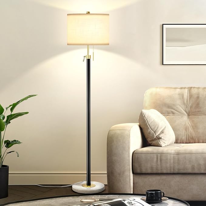 Floor Lamp for Living Room Adjustable Tall Standing Lamp, 3-Way Dimmable Floor Lamp for Bedroom Office, Black Gold Lamp with Marble Base and White Linen Shade, 6W 3000K LED Blub Included - LeafyLoom