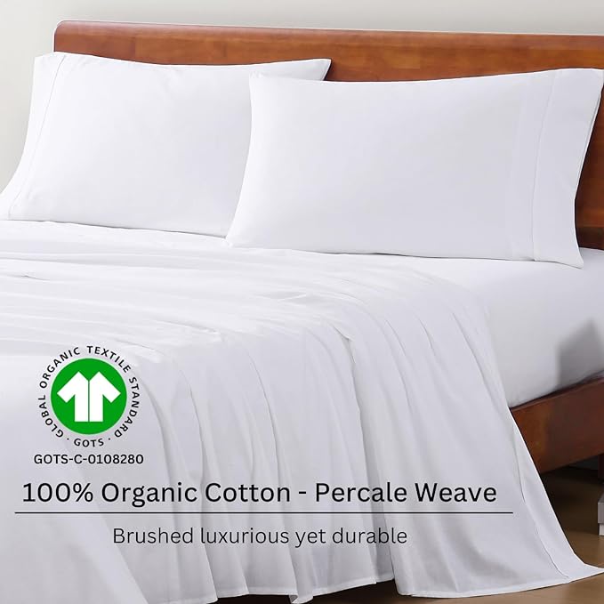 LANE LINEN 100% Organic Cotton Twin Sheets Set, 3Pc Twin Bed Sheets, Breathable Cotton Sheets Twin size Bed Set, Dorm Room Essentials with 15" Twin Deep Pocket Fitted Sheet - White Sheets - LeafyLoom