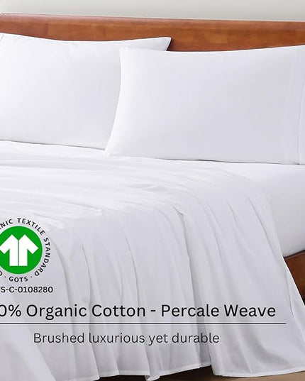 LANE LINEN 100% Organic Cotton Queen Sheet Set, 4Pc Cotton Sheets Queen Size Bed Set, Soft & Breathable Percale Weave, Deep Pocket Queen Sheets, Hotel-Quality Bed Sheets Queen Size - White Bed Sheets - LeafyLoom