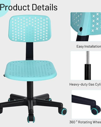 Desk Chair Armless Cute Office Chair, Low Back Rolling Home Office Task Chair Adjustable Swivel Study Chair for Girls Teens Adults Children Kids, Turquoise - LeafyLoom