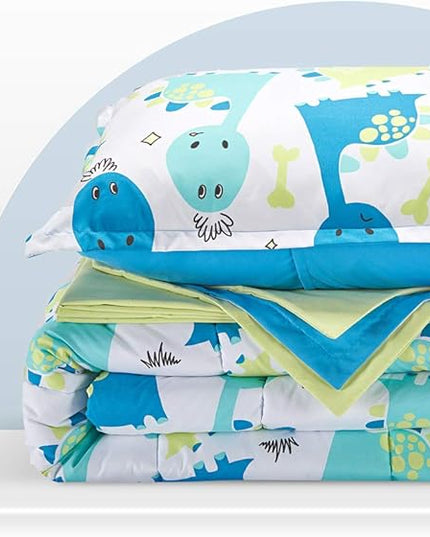 SLEEP ZONE Kids Bedding Comforter Set Full/Queen Size - Super Cute & Soft Kids Bedding 7 Pieces Set with Comforter, Sheet, Pillowcase & Sham (Cute Dino) - LeafyLoom