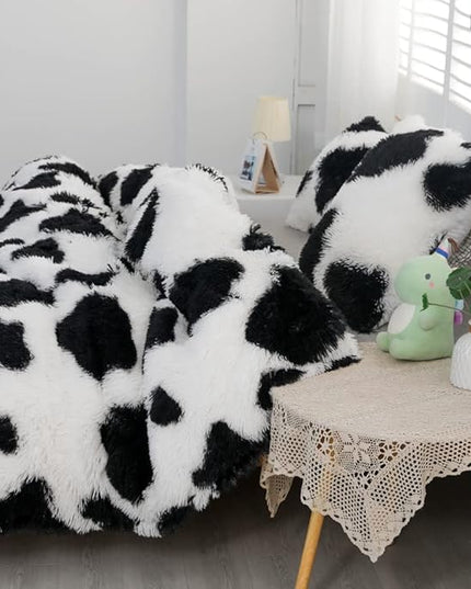 Faux Fur Kids Girls Cow Print Comforter Sets Queen - 3PC Bed Set Warm Comfortable Soft Plush Flannel Velvet Fluffy Fuzzy Bedding（Comforter x 1 Pillowcases x 2） - LeafyLoom