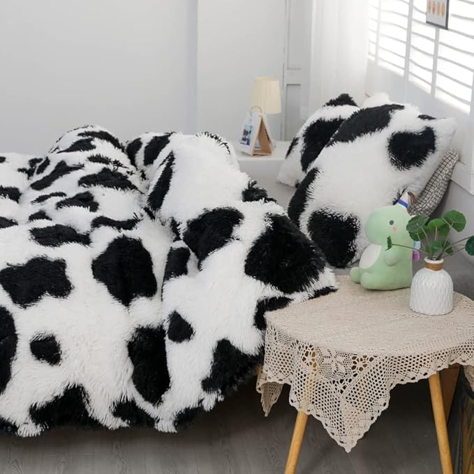 Faux Fur Kids Girls Cow Print Comforter Sets Queen - 3PC Bed Set Warm Comfortable Soft Plush Flannel Velvet Fluffy Fuzzy Bedding（Comforter x 1 Pillowcases x 2） - LeafyLoom