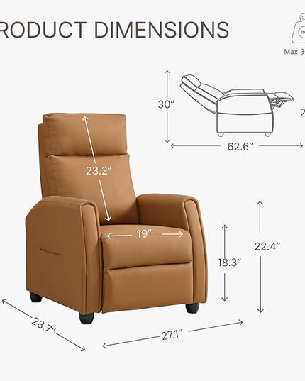 Recliner Chair for Adults PU Leather Push Back Armchair with 4 Colors Ambient Lighting Home Theater Seating with Massage & Heat Vibration Single Sofa for Living Room, Camel - LeafyLoom