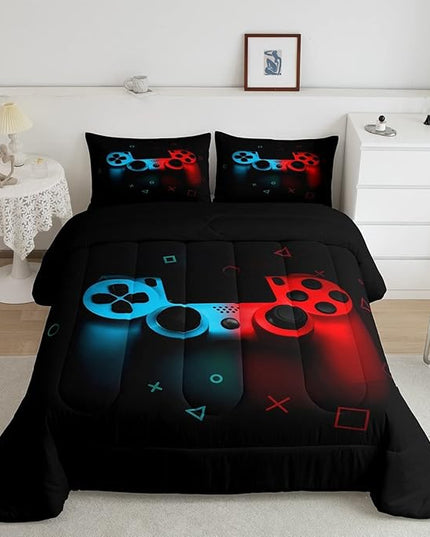 Erosebridal Boys Gamepad Comforter Set King,Play Gamer Bedding Set Kid Young Man Video Games Down for Teen Child Game Room Decor Black Classic Retro Gaming Quilt Duvet Set with Controller Button - LeafyLoom