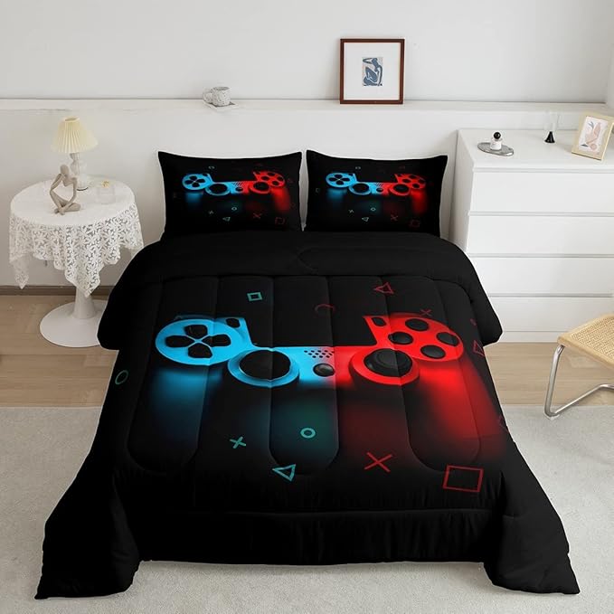 Erosebridal Boys Gamepad Comforter Set King,Play Gamer Bedding Set Kid Young Man Video Games Down for Teen Child Game Room Decor Black Classic Retro Gaming Quilt Duvet Set with Controller Button - LeafyLoom