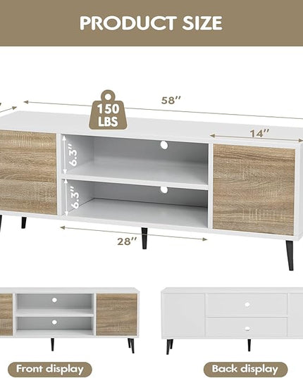 YESHOMY Modern TV Stand for 65" Television, Entertainment Center with Two Storage Cabinets, Retro Style Media Console for Living Room, Bedroom, Office, 58 Inch, White and Coffee - LeafyLoom