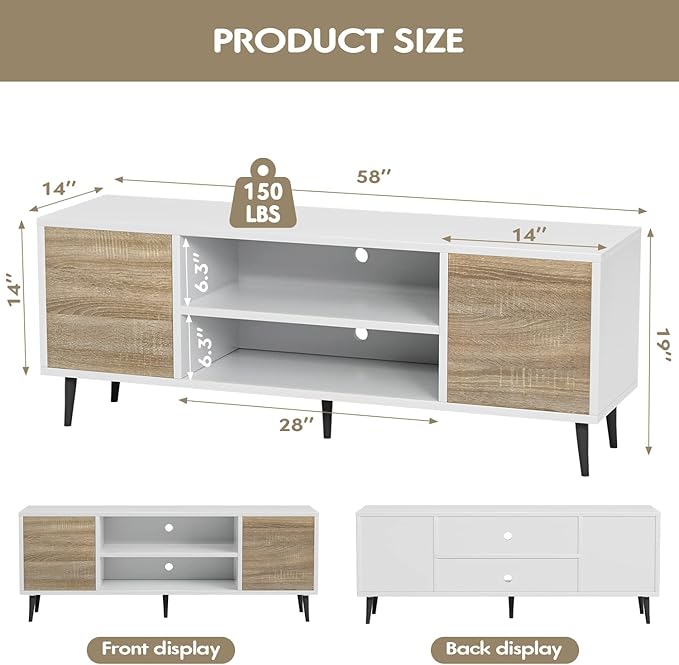 YESHOMY Modern TV Stand for 65" Television, Entertainment Center with Two Storage Cabinets, Retro Style Media Console for Living Room, Bedroom, Office, 58 Inch, White and Coffee - LeafyLoom