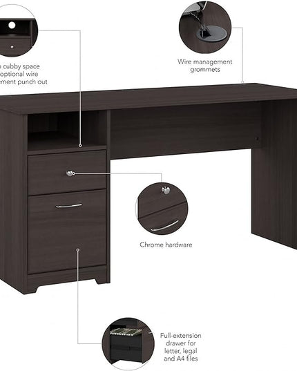 Bush Business Furniture Cabot Desks for Home Office with Storage and Chrome Hardware, Elegant Computer Table with Drawers, 60W, Heather Gray - LeafyLoom