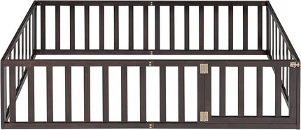 Multifunctional Twin Size Floor Bed with Safety Guardrails and Door, Montessori Sturdy Solid Wood Beds Frame, Easy Assembly and No Spring Need, for Boys and Girls Room, Walnut - LeafyLoom