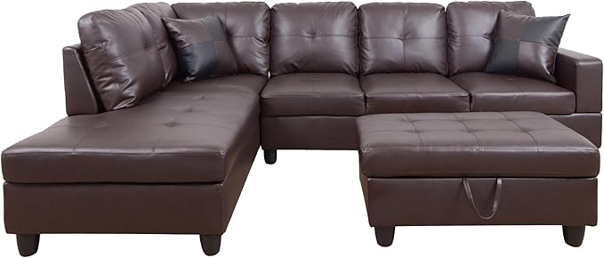 ROOMTEC Button L Shape 3 Piece Sectional Sofa Set, Upholstered Corner Couch with Storage Ottoman, Faux Leather Tufted Cushions, for Living Room, Apartment, 103inch, Deer Brown w/Left Chaise Lounge - LeafyLoom