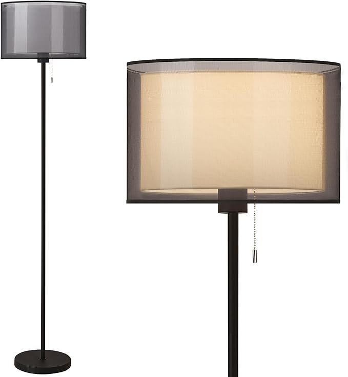 KDG Modern Floor Lamp for Living Room, Tall Standing Floor Lamp Corner Lighting, Fabric Lampshade LED Bulb Bright Pole Light, High Light for Bedroom, Reading, Office, Study Room, Warm Light(Black) - LeafyLoom