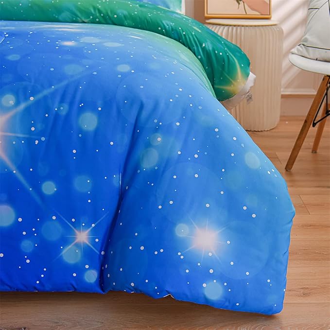 Holawakaka Kids Space Star Glitter Comforter Set Ombre Blue & Green Print Gradient Bedding Set Twin Size(Blue Green, Twin) - LeafyLoom