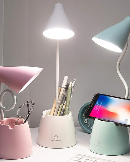 Desk Lamp LED, Desk Lamps with 3 Lighting Modes and Stepless Dimming, Desk Light 360 ° Flexible Gooseneck with Pen Holder & Mobile Phone Stand for Reading Kids Dorm (Green) - LeafyLoom