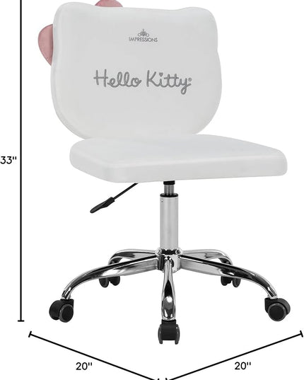 Impressions Vanity Hello Kitty Kawaii Swivel Vanity Chair for Makeup Room, Adjustable Height Cute Desk Chair with Wheels Rolling, Comfy Polyurethane Foam Back Armless Chair for Dorm (White) - LeafyLoom