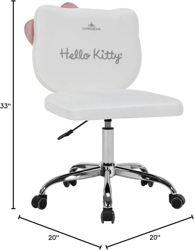 Impressions Vanity Hello Kitty Kawaii Swivel Vanity Chair for Makeup Room, Adjustable Height Cute Desk Chair with Wheels Rolling, Comfy Polyurethane Foam Back Armless Chair for Dorm (White) - LeafyLoom