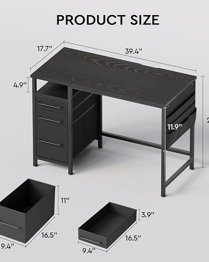 Ｍａｉｈａｉｌ Maihail Small Desk with Drawers, 40 inch Computer Desk with Shelves, Writing Desk with Storage, Small Office Desk with Metal Frame, Black - LeafyLoom