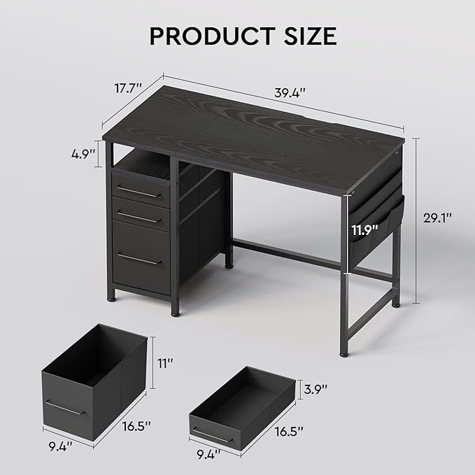 Ｍａｉｈａｉｌ Maihail Small Desk with Drawers, 40 inch Computer Desk with Shelves, Writing Desk with Storage, Small Office Desk with Metal Frame, Black - LeafyLoom