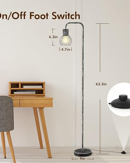 Industrial Floor Lamp, Antique Silver Standing Lamp Modern with 6W LED Bulb, Foot Switch, Metal Tall Lamps for Living Room, Bedroom, Office, Den, Vintage Stand Up Lamp, Minimalist Farmhouse Floor Lamp - LeafyLoom