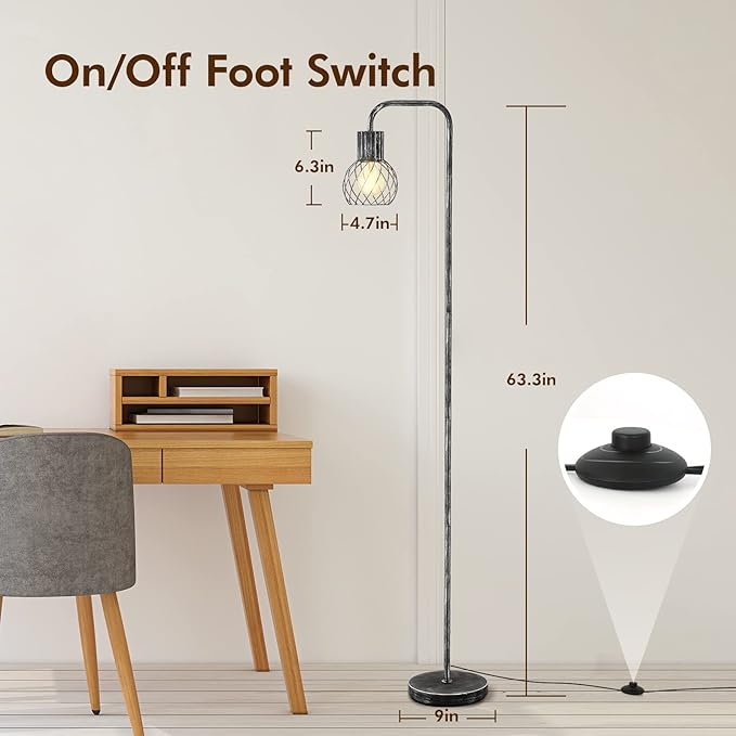 Industrial Floor Lamp, Antique Silver Standing Lamp Modern with 6W LED Bulb, Foot Switch, Metal Tall Lamps for Living Room, Bedroom, Office, Den, Vintage Stand Up Lamp, Minimalist Farmhouse Floor Lamp - LeafyLoom