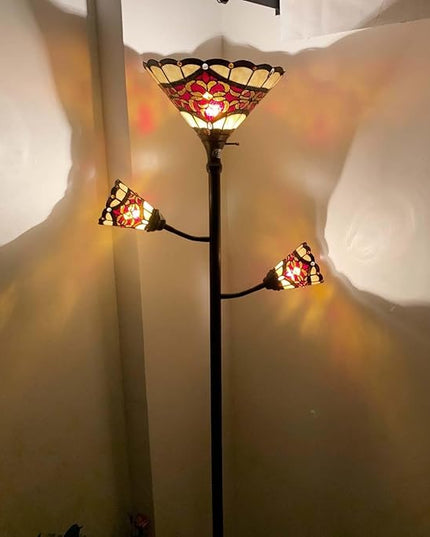 Bieye L10868 Tiffany Style Stained Glass 3-Light Torchiere Floor Lamp with Sidelights for Reading, 70-inches Tall (Baroque, Red) - LeafyLoom