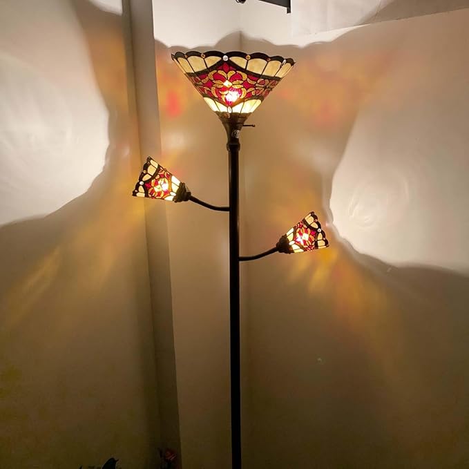 Bieye L10868 Tiffany Style Stained Glass 3-Light Torchiere Floor Lamp with Sidelights for Reading, 70-inches Tall (Baroque, Red) - LeafyLoom