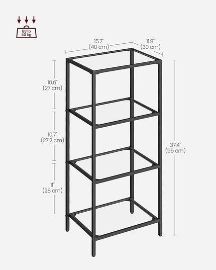 VASAGLE Bookcase, 4-Tier Bookshelf, Slim Shelving Unit for Bedroom, Bathroom, Home Office, Tempered Glass, Steel Frame, Ink Black ULGT028B61 - LeafyLoom