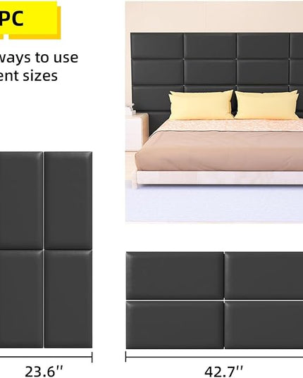 Peel and Stick Headboard for Twin and king in Black Headboard panels for wall, 3D Anti-Collision Wall Panel, Self-Adhesive Bedroom/Living Room Upholstered Wall Panel (4 Panels/11.8" x 23.6") - LeafyLoom