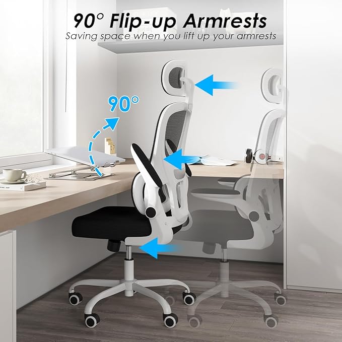 Soohow Ergonomic Home Office Chair, Mesh Desk Chair with Lumbar Support, Comfy Computer Desk Chair with Flip Armrest Rolling Wheels, Adjustable Headrest, White. - LeafyLoom