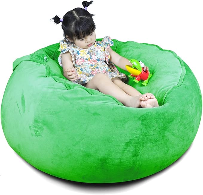 Bean Bag Chair Cover, Stuffed Animal Storage, Plush Toys Organizer Holder, Beanbag Chairs Cover for Kids Teans and Adults Super Soft and Comfortable Fabric X-Large with Handle and Zipper -Round Green - LeafyLoom