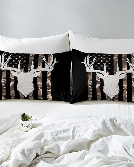 Erosebridal Brown Camo Deer Bedding Comforter Sets, American Flag Comforter Set Queen Size for Boys Teens, Western Farmhouse Antlers Bedding Retro Camouflage Geometry Striped Quilt 3 Pcs - LeafyLoom