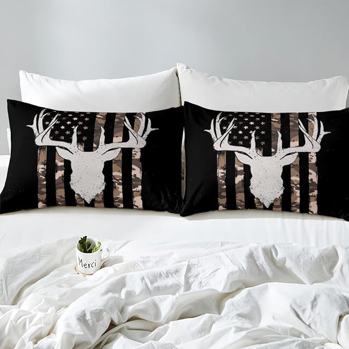 Camouflage American Flag Comforter Set, Hunting Antler Bedding Comforter Sets Brown Black Camo Striped Bedding King Size for Kids Boys Teens Adult Women, Rustic Woodland Animal Duvet Insert - LeafyLoom