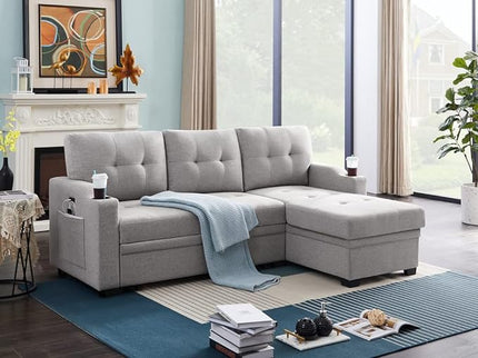 83 Inch Convertible L Shaped Sleeper Sectional Sofa Linen with Storage Chaise, Pull Out Bed, Cup Holder, USB Charging Port, Side Pocket, Reversible Corner Couch Design, 83inch, Light Grey - LeafyLoom