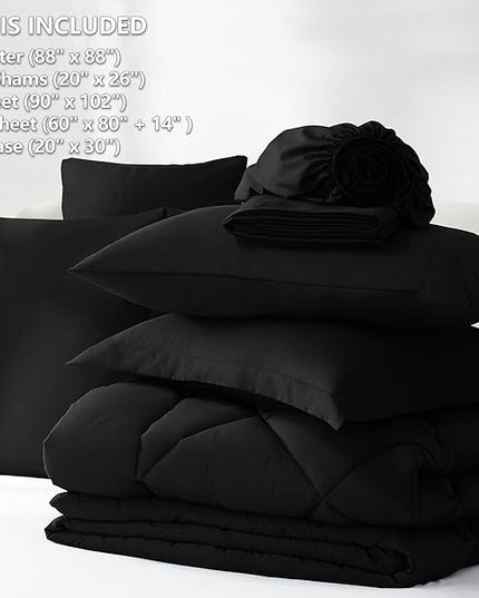 CozyLux Queen Comforter Set with Sheets 7 Pieces Bed in a Bag Black All Season Bedding Sets with Comforter, Pillow Shams, Flat Sheet, Fitted Sheet and Pillowcases - LeafyLoom