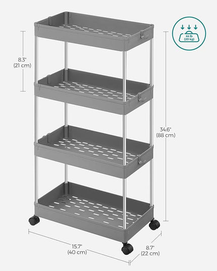SONGMICS Slim Storage Cart, 4-Tier Rolling Cart, Narrow Utility Cart on Wheels, 6 Hooks, 360° Swivel Wheels, Lockable, Steel Frame, Bathroom, Kitchen, Office, Dove Gray UKSC010G01 - LeafyLoom