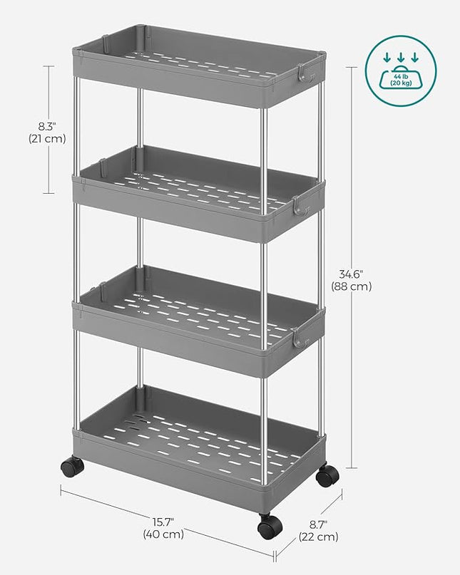 SONGMICS Slim Storage Cart, 4-Tier Rolling Cart, Narrow Utility Cart on Wheels, 6 Hooks, 360° Swivel Wheels, Lockable, Steel Frame, Bathroom, Kitchen, Office, Dove Gray UKSC010G01 - LeafyLoom