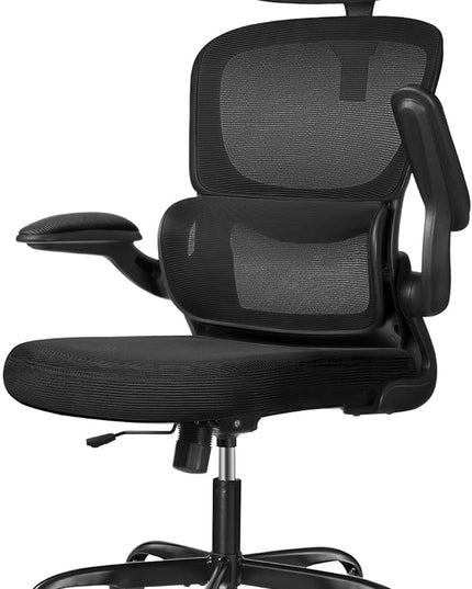 Ergonomic Office Chair, High Back Mesh Desk Chair with Lumbar Support and Adjustable Headrest, Computer Task Chair with Flip-up Armrests, Swivel Executive Chairs for Home Office (Black) - LeafyLoom